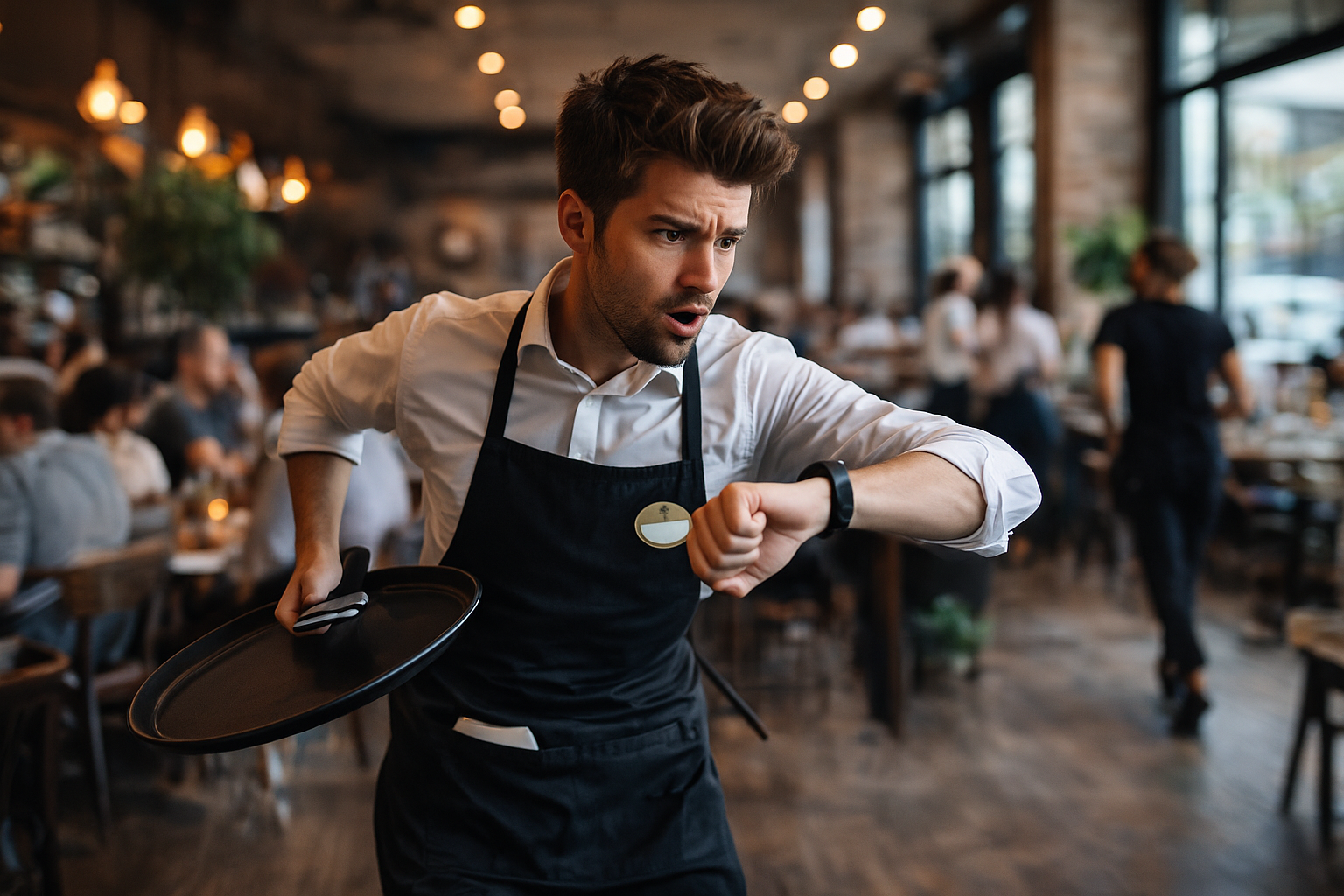 Atendente de restaurante atrasado olhando o relógio