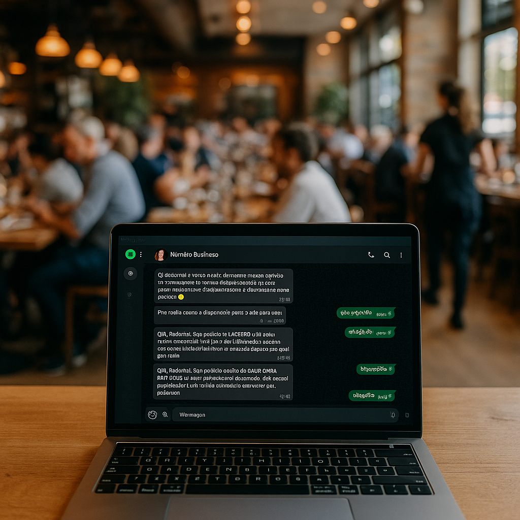 Restaurante movimentado com notebook mostrando o atendimento da IA