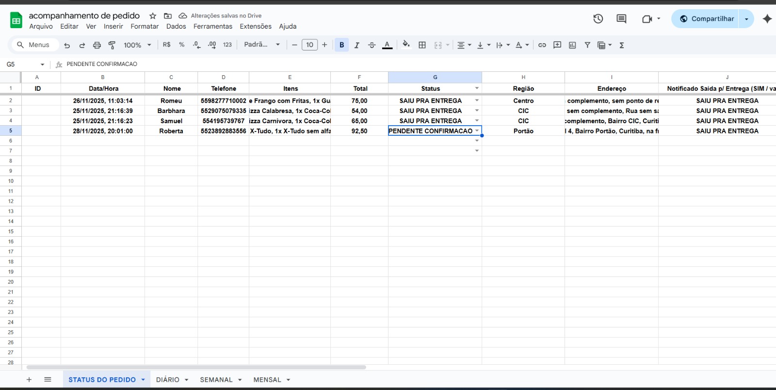 Planilha real de acompanhamento automático de pedidos